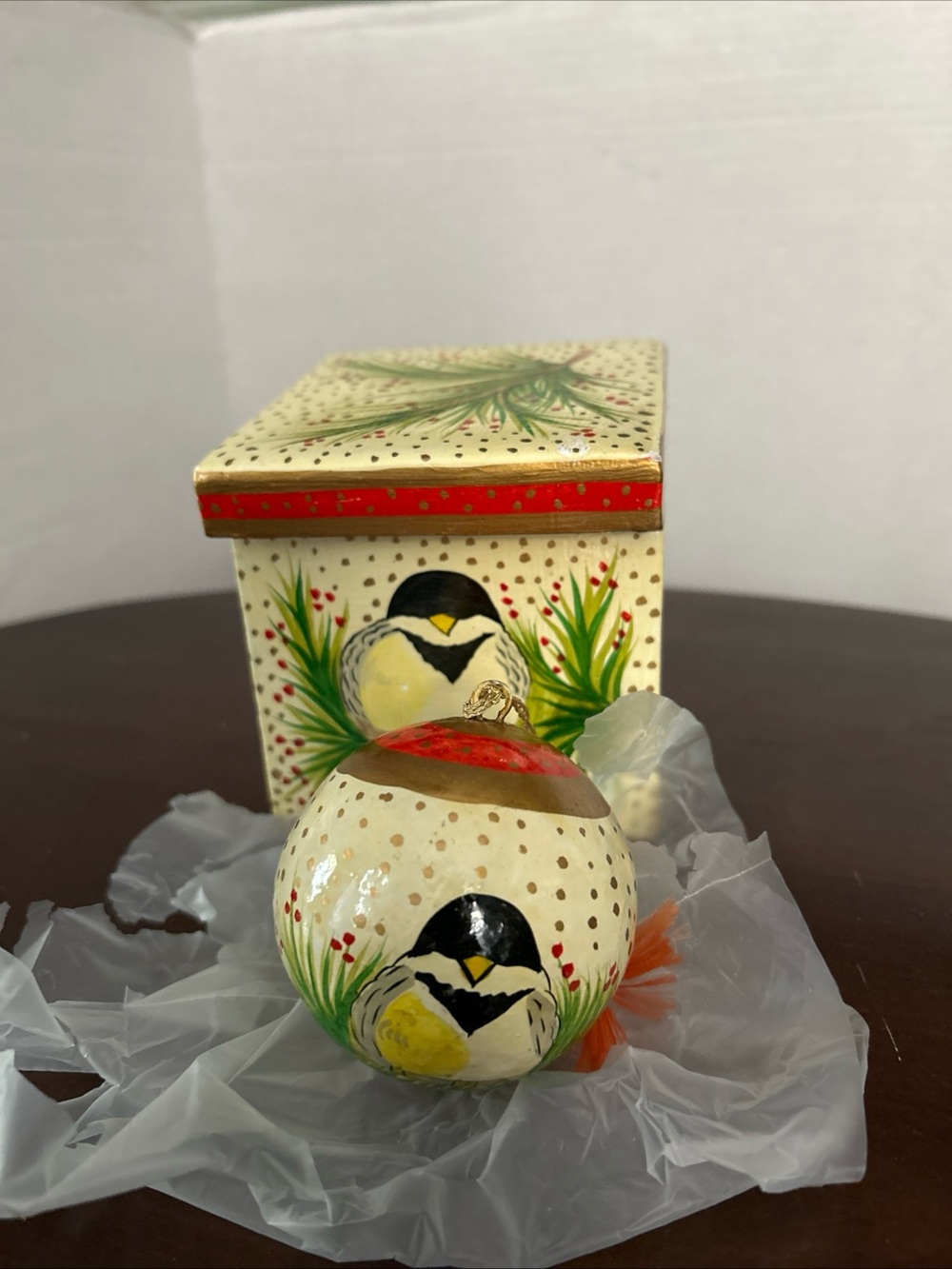 Hand-Painted Laquer Chickadee Ornament/ wood box from 1980’s made in India